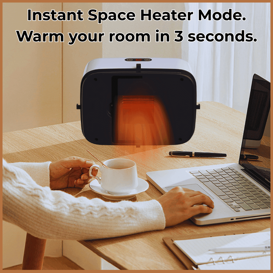 Portable dryer base unit functioning as a ceramic space heater on a desk for winter warmth in RV or office.