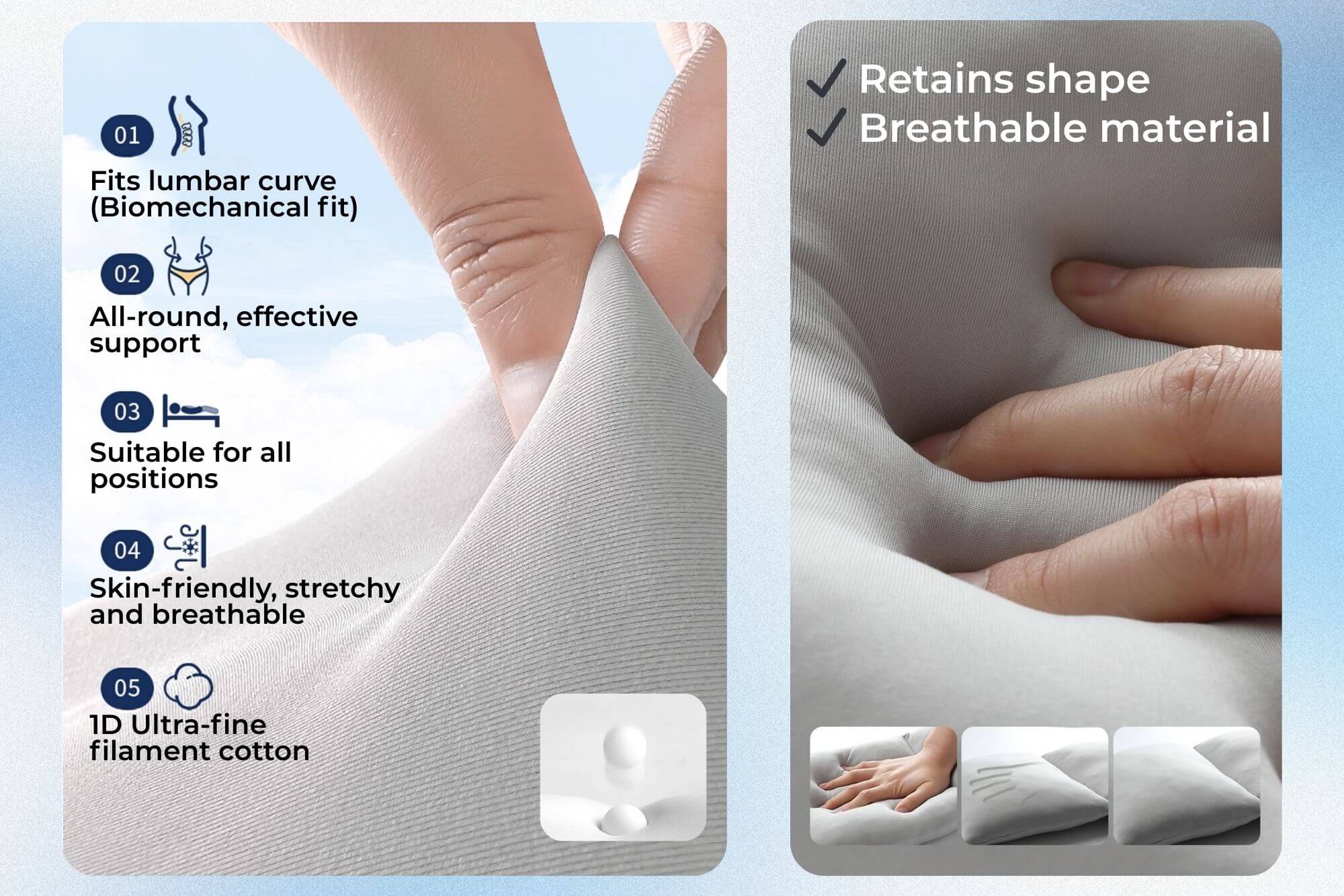 Detail image of the CloudWrap sleep lumbar support pillow fabric being stretched and pressed, with icons highlighting lumbar curve fit, 360 degree support, all position use, breathable material and long lasting shape.