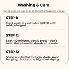 Care instructions icons showing washable and quick-dry features of the lumbar sleep belt.