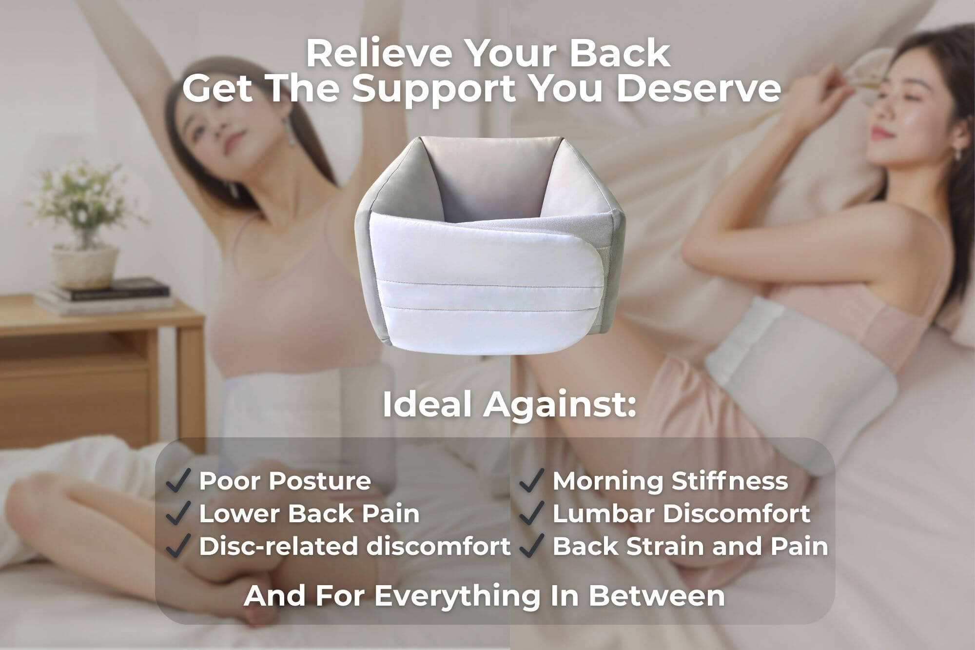 Woman wearing the CloudWrap sleep waist lumbar support pillow in bed with text showing it helps relieve poor posture, lower back pain, morning stiffness, lumbar discomfort and back strain.