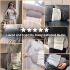 Collage of happy customers wearing the CloudWrap lumbar support belt for back pain relief in various settings like home and office.