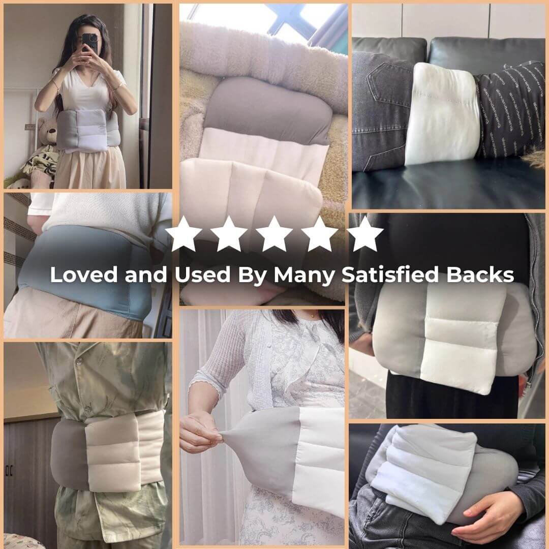 Collage of happy customers wearing the CloudWrap lumbar support belt for back pain relief in various settings like home and office.
