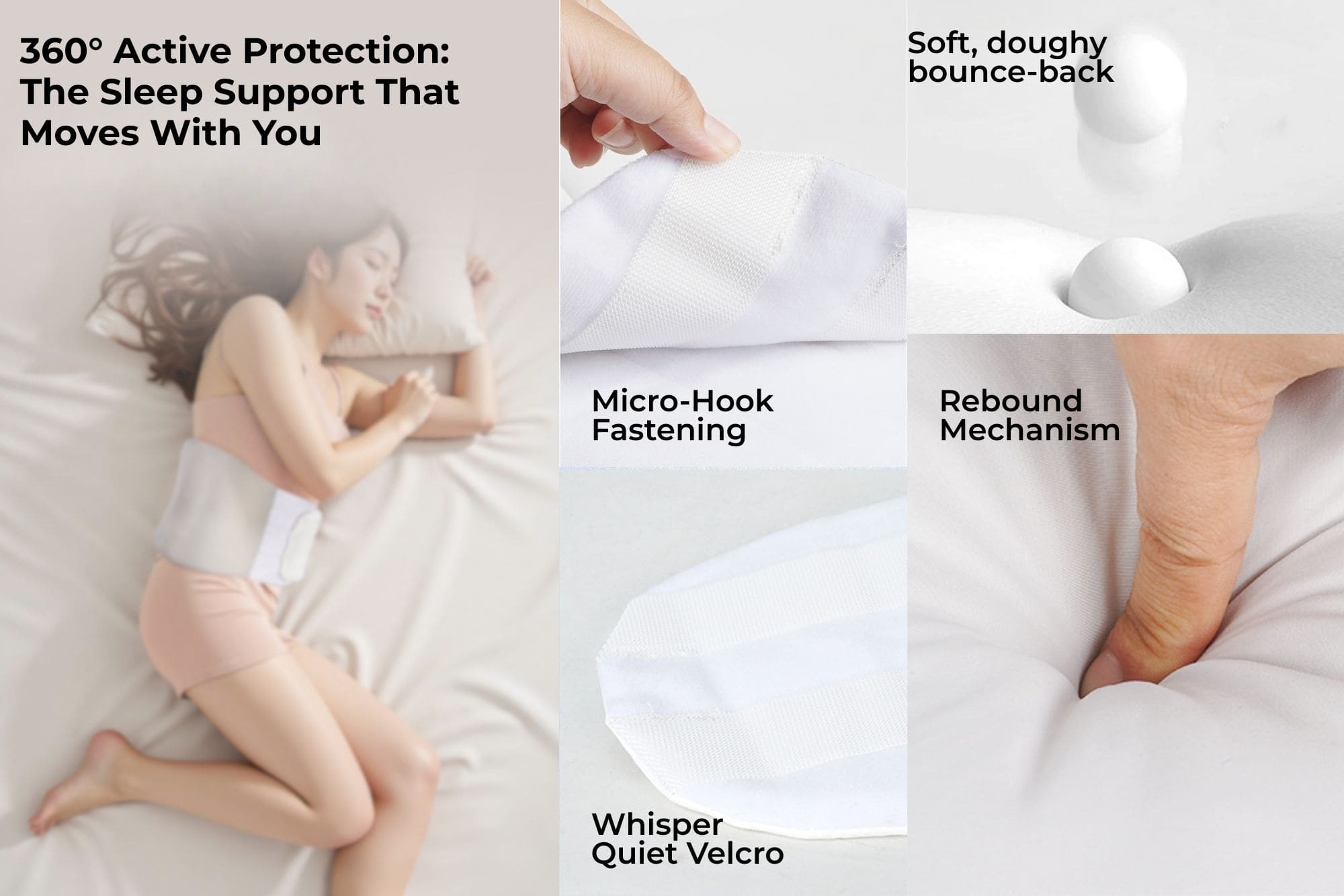Woman sleeping on her side wearing the CloudWrap lumbar support pillow with close ups of the micro hook fastening, quiet Velcro and soft rebound foam, showing 360 degree active protection that moves with your body.