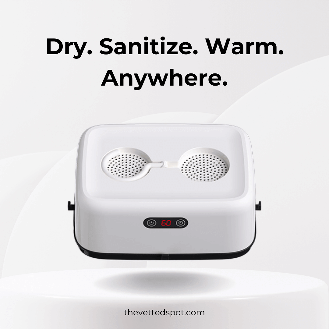 Clouddry Electric portable clothes dryer hanging on rack with drying bag expanded, showing compact design for apartments and RVs.