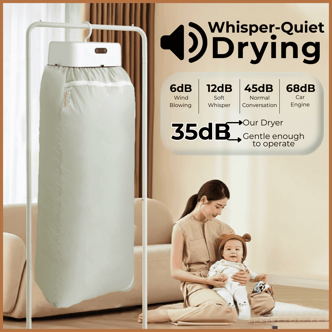 Mother holding sleeping baby next to silent portable clothes dryer, showing decibel chart comparison under 35dB.