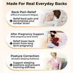 Collage showing lumbar support usage for office workers, pregnant women, and elderly spinal health.