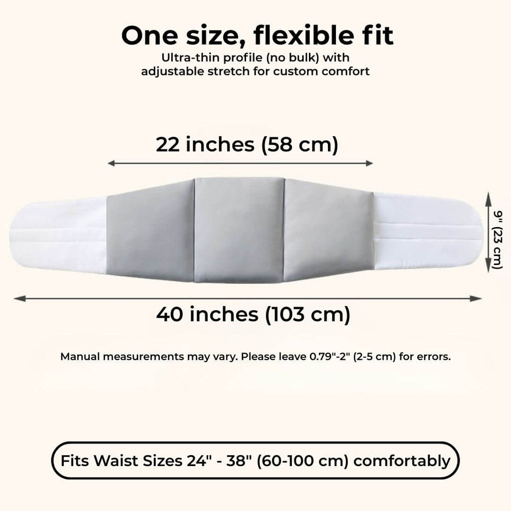 Grey and white sleep waist lumbar support pillow laid flat with 103 cm length and 23 cm height measurements.