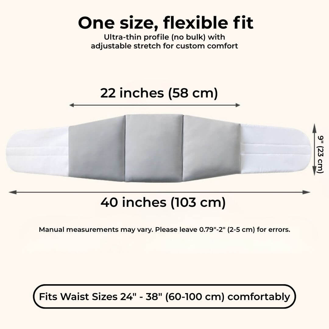 Grey and white sleep waist lumbar support pillow laid flat with 103 cm length and 23 cm height measurements.