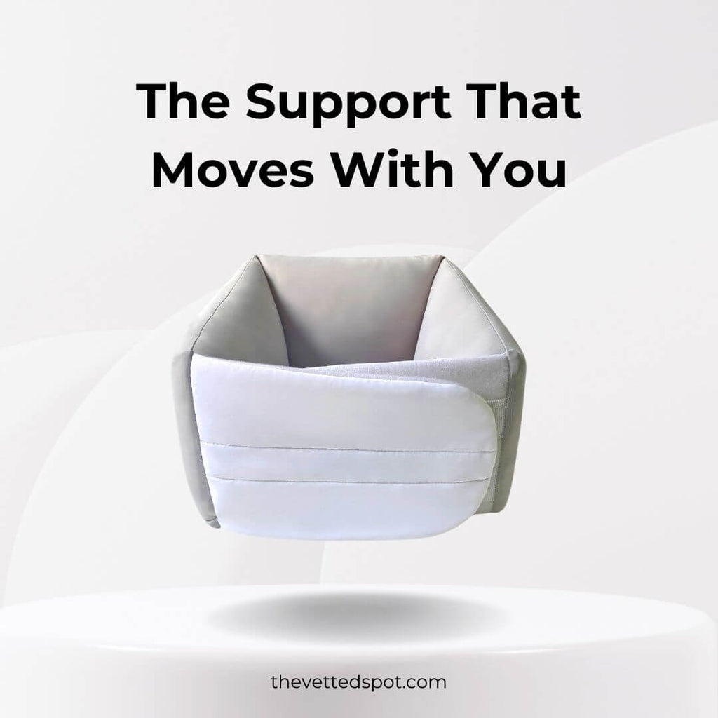 White CloudWrap lumbar support device with text 'The Support That Moves With You' on a light gray background.