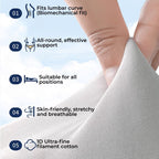 Close-up of CloudWrap sleep lumbar support pillow fabric showing lumbar curve fit, 360-degree support, breathable stretchy material and ultra-fine cotton filling for lower back pain relief.